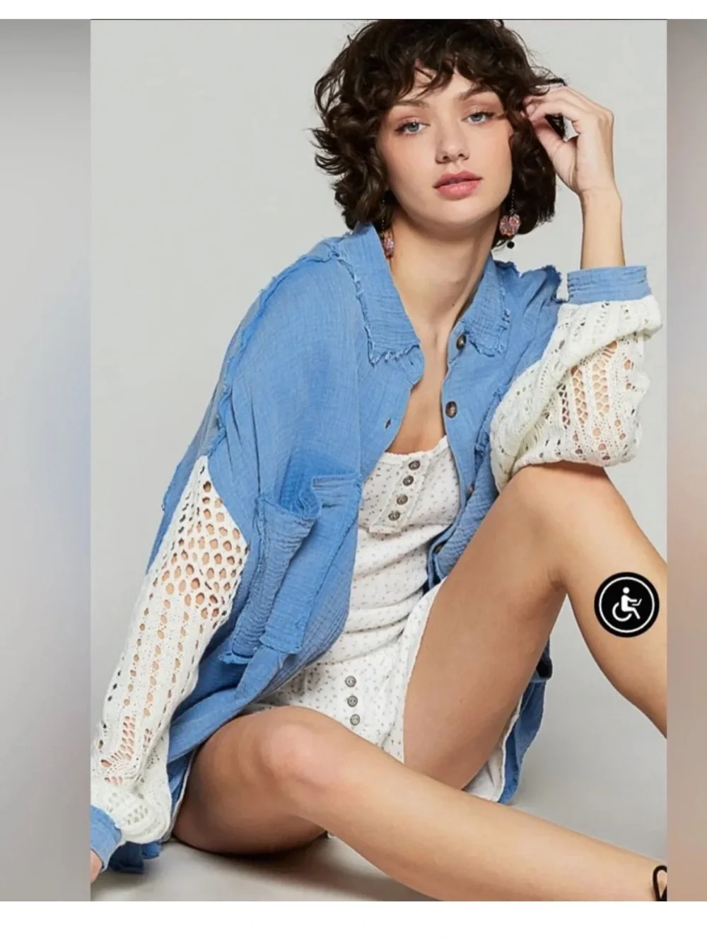 POL Clothing Blue Cotton Gauze Crochet Sleeve Button Up - Picture 3 of 8